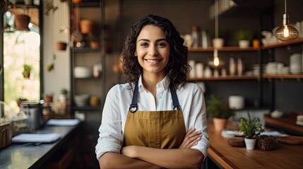 Happy Hispanic female chef smiling and  doing arm crossed gesture confidently in the restaurant. - obrazy, fototapety, plakaty