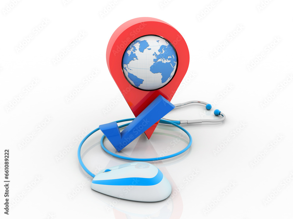 Poster 3d rendering red map pointer with mouse connected stethoscope near tick
