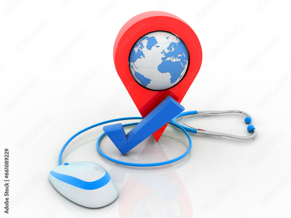 Poster 3d rendering red map pointer with mouse connected stethoscope near tick