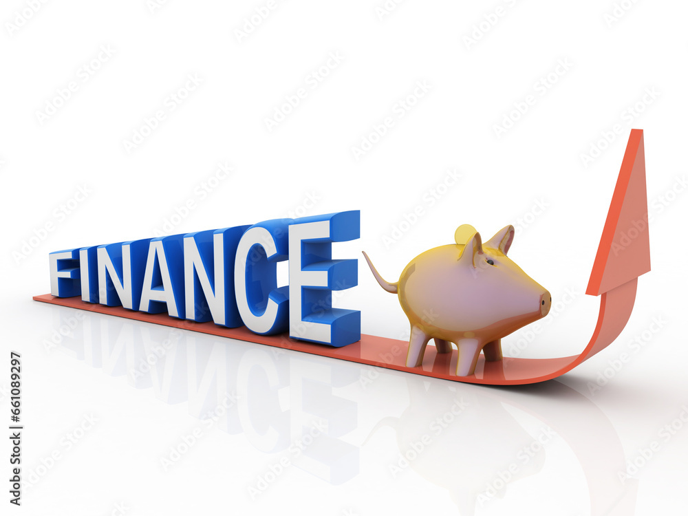 Poster 3d rendering pig coin bank with business graph