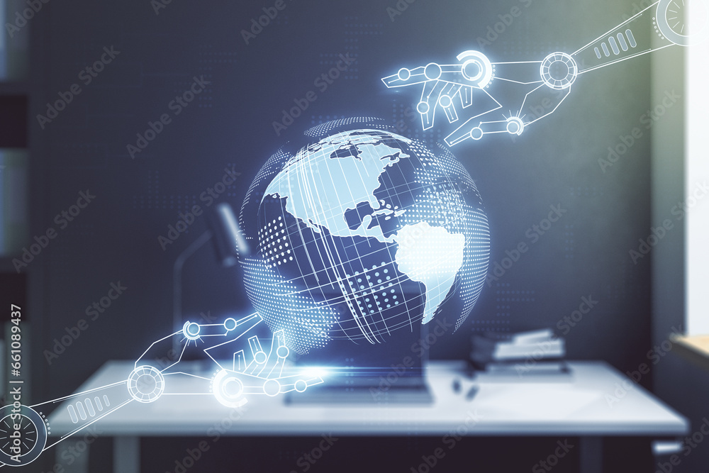 Aufkleber double exposure of robotics technology with world map hologram and modern desktop with laptop on bac