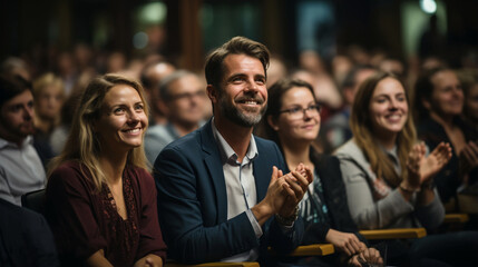 Proud and happy parents in a theater watching their children in a school play. Public happy and enjoying in an auditorium. People applauding a speaker. People in cinema or theater seats. - obrazy, fototapety, plakaty