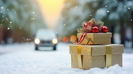 Fototapeta na wymiar Festive gift boxes on the snow and car on snowy fir trees forest background