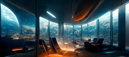 interior of a futuristic spaceship big window looking outside to massive planets and stars and spaceships futurism future futuristic sci fi science fiction epic lighting crazy composition super wide  - obrazy, fototapety, plakaty