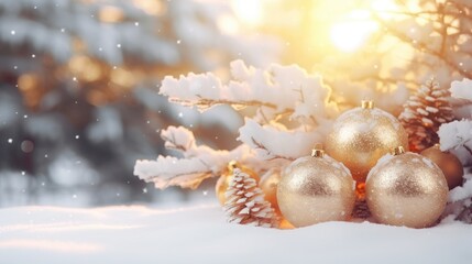 Fototapeta na wymiar Golden christmas ball on snow near spruce tree on blurred snowy forest with fir trees