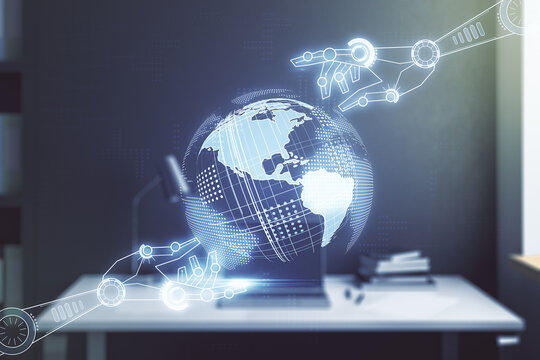 Double exposure of robotics technology with world map hologram and modern desktop with laptop on background. Research and development software concept