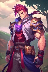 heroic and muscular male dressed in adventurers clothing and armor standing proud and smiling towards the viewer head and waist anime style vibrant colours overwatch style bold lines artstation  - obrazy, fototapety, plakaty