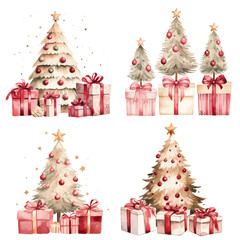 christmas tree and gifts with  Cherry Red and Soft Beige  watercolor vectors