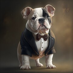 cute puppy bulldog in a tuxedo  - obrazy, fototapety, plakaty