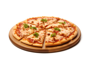 Pizza on a brown wooden tray isolated on a transparent background, Generative AI