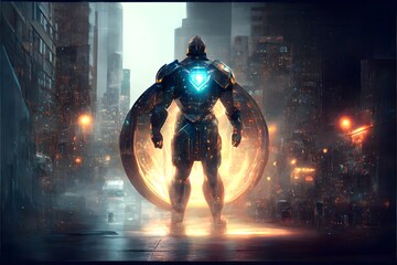 ShieldMan distance view full body hero from distance wide frame aerial view city magnetic field all around distance view battle smog matte painting neon lights Cinematic lighting very detailed hyper  - obrazy, fototapety, plakaty