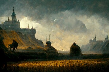 bleak landscape painting of wheat farms faraway castle in the distance closeup knight on horseback in foreground Spectacular Composition insanely detailed forboding Atmosphere dungeonpunk Dramatic  - obrazy, fototapety, plakaty