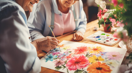 Art Therapy: An elderly individual engages in art activities with a caregiver