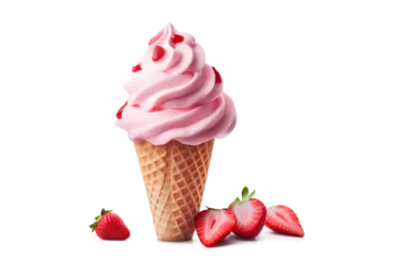 Foto auf Alu-Dibond Strawberry ice cream on a cone isolated on a transparent background, Generative AI © MONWARA