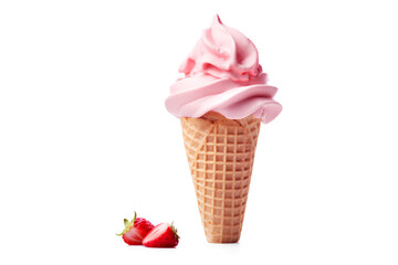 Strawberry ice cream on a cone isolated on a transparent background, Generative AI