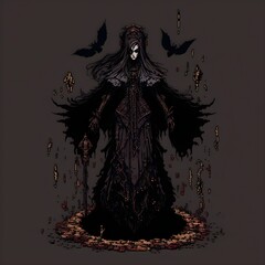 evil witch gothic heavy metal dark fantasy ultra detailed full body pixel art 