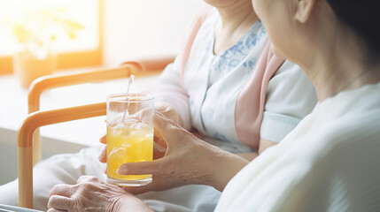 Hydration Reminder: A caregiver encourages an elderly person to stay hydrated - obrazy, fototapety, plakaty