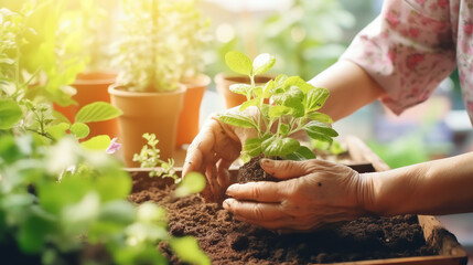 Gardening: An elderly person tends to plants with a caregiver's guidance - obrazy, fototapety, plakaty