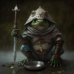 warrior frog with spoon in hands  - obrazy, fototapety, plakaty