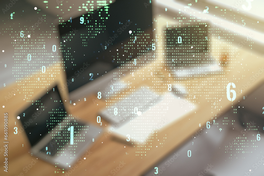 Aufkleber multi exposure of abstract programming language hologram with world map and modern desk with compute