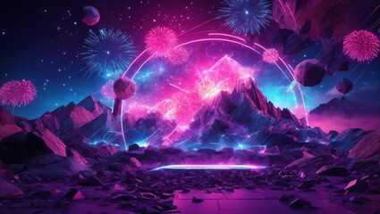 Abstract neon background with pink and blue fireworks over a cosmic landscape framed in UV light within a virtual reality space that includes mountains rocks and a grid - obrazy, fototapety, plakaty