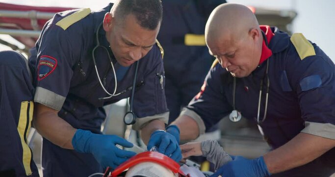 Paramedic, accident victim and life saving with critical or first aid healthcare, stretcher and medical equipment. Emergency rescue service, men and patient with serious injury in ambulance dispatch