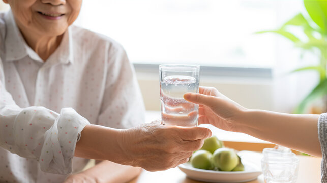 Hydration Reminder: A caregiver encourages an elderly person to stay hydrated