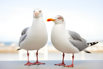 Two seagulls are standing on a white background, Generative AI