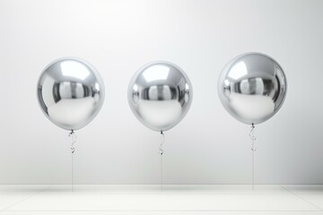 Three shiny silver ball balloons floating against a white backdrop. Generative AI
