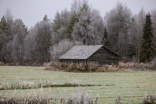 Rovaniemi, FInland A small wooden barn on a field in a frosted cold landscape.