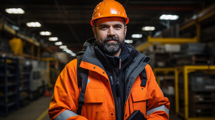 A manager, a man of European appearance with a beard in overalls and a protective helmet, looks at the camera against the backdrop of a manufacturing warehouse. Portrait of working staff