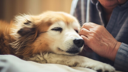 Pet Interaction: An elderly person enjoys time with a therapy pet and a caregiver