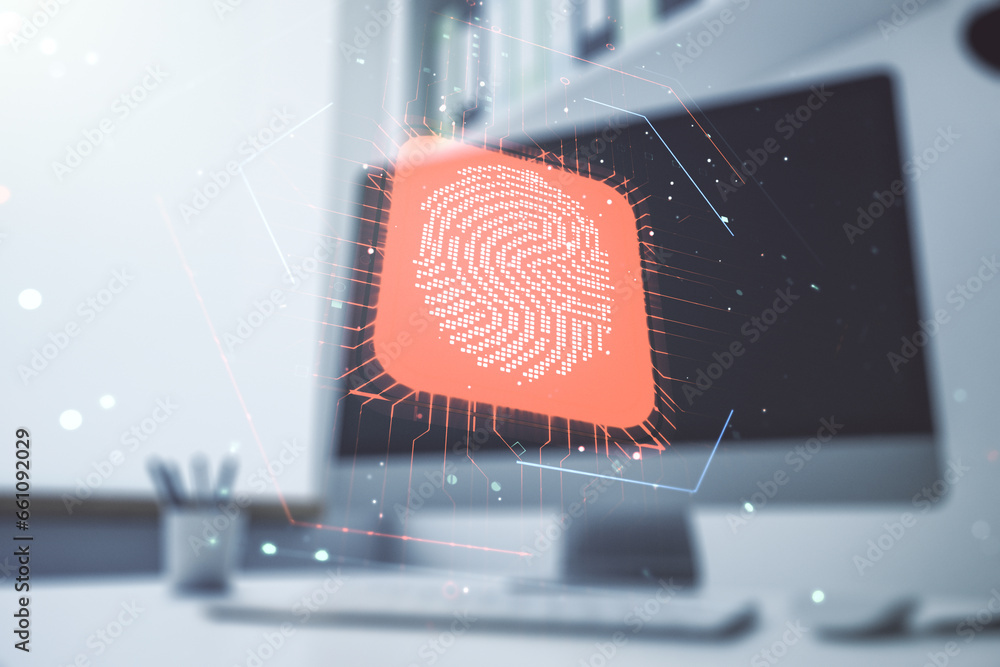 Poster abstract creative fingerprint illustration and modern desktop with pc on background, personal biomet