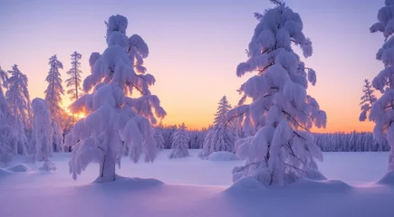 Foto auf Alu-Dibond winter sunset in the mountains, sunset in the mountains, winter scene in the forest, winter in mointain forest, winter seasone, snow on the trees in the forest © Gegham