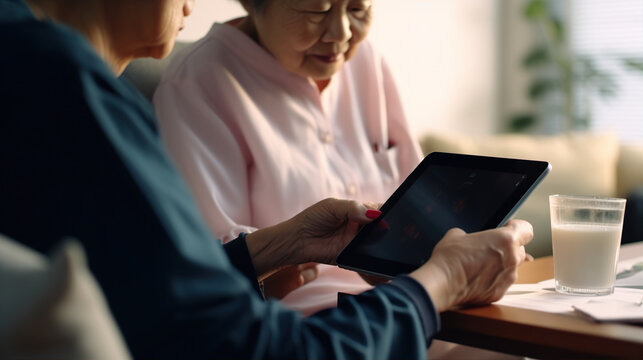 Technology Assistance: An elderly individual learns to use a digital device with a caregiver's help