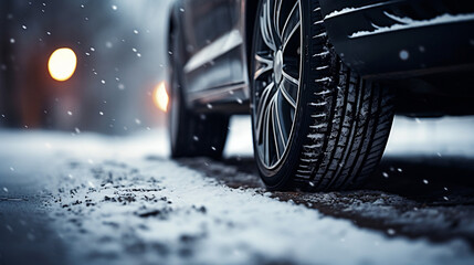 Winter Road Warrior, Close-Up of Snow-Covered Car Tires in Action - obrazy, fototapety, plakaty