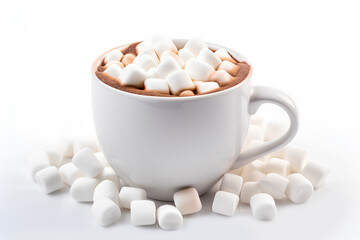 White mug brown liquid topped with marshmallows on white background, Generative AI