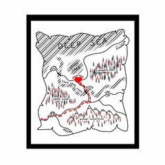 Old paper map with red heart, digital illustration in black frame on white background. For postcards, greeting cards, posters, banners, stickers, magnets, prints for clothing, shoppers, mugs etc