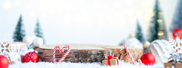 Christmas holiday mockup with wooden empty platform. Festive mood. Christmas time Place for...