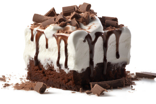 White Ice cream on brown chocolate cake on a Transparent Background, Generative AI