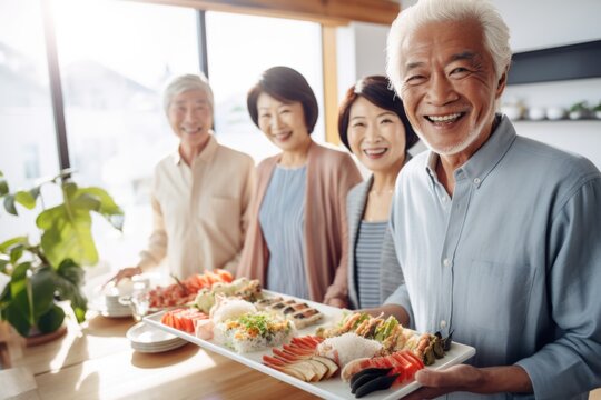 cool group of friends happy expression and susshi food concept . 