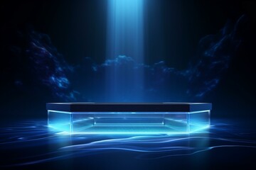Abstract podium with neon lights glowing under water reflection, creating a mesmerizing exhibition background. Generative AI - obrazy, fototapety, plakaty