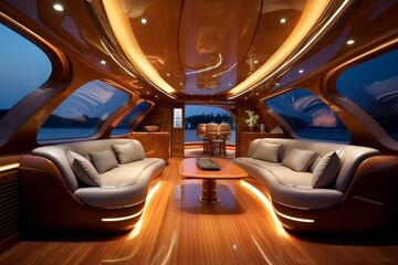 Modern yacht inside with wooden furniture and stylish illumination. Generative AI - obrazy, fototapety, plakaty