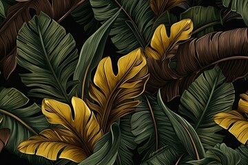 Dark tropical pattern with vintage banana leaves, palm and colocasia. Hand-drawn illustration suitable for wallpapers, gift paper, fabric printing, goods. Generative AI