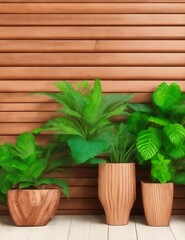 potted plants and brown wooden wall background illustration