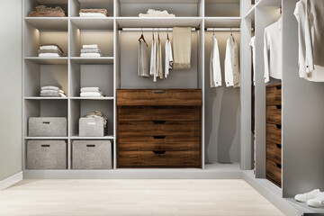 Obraz na płótnie Canvas 3d rendering minimal scandinavian wood walk in closet with wardrobe