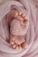 Closeup of toes, heels and feet of a newborn. Knitted pink heart in the legs of baby.The tiny foot of a newborn baby. Soft feet of a new born in a wool pink blanket. Macro studio photography. 