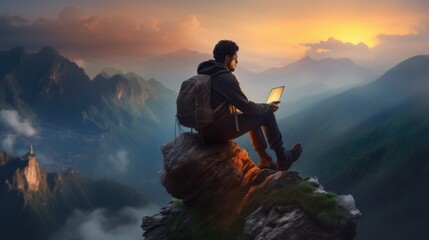Fototapeta premium Man with laptop sitting on top of a mountain.
