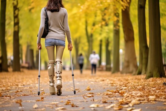 Woman with bionic legs walking.
