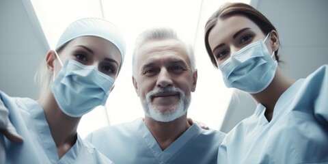 Illustration of group of cheerful doctors looking at camera after successful operation in bright lit hospital room. Patient low angle point of view. - obrazy, fototapety, plakaty